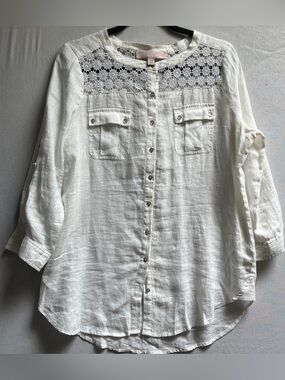 Fenn Wright Manson Studio White Linen Blend Lace Yoke Button Down Top Size 8